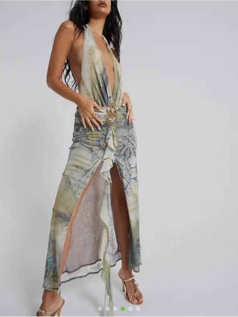 Jaded London Cindy Plunge Sage and Blue Floral Halter Ruffle Maxi Dress - Picture 4 of 7